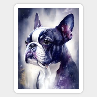 Adorable Boston Terrier Dog  Watercolor with Purple Ink Accents Sticker